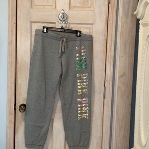 PINK Victoria's Secret Gray and Pink Joggers with Vibrant Design